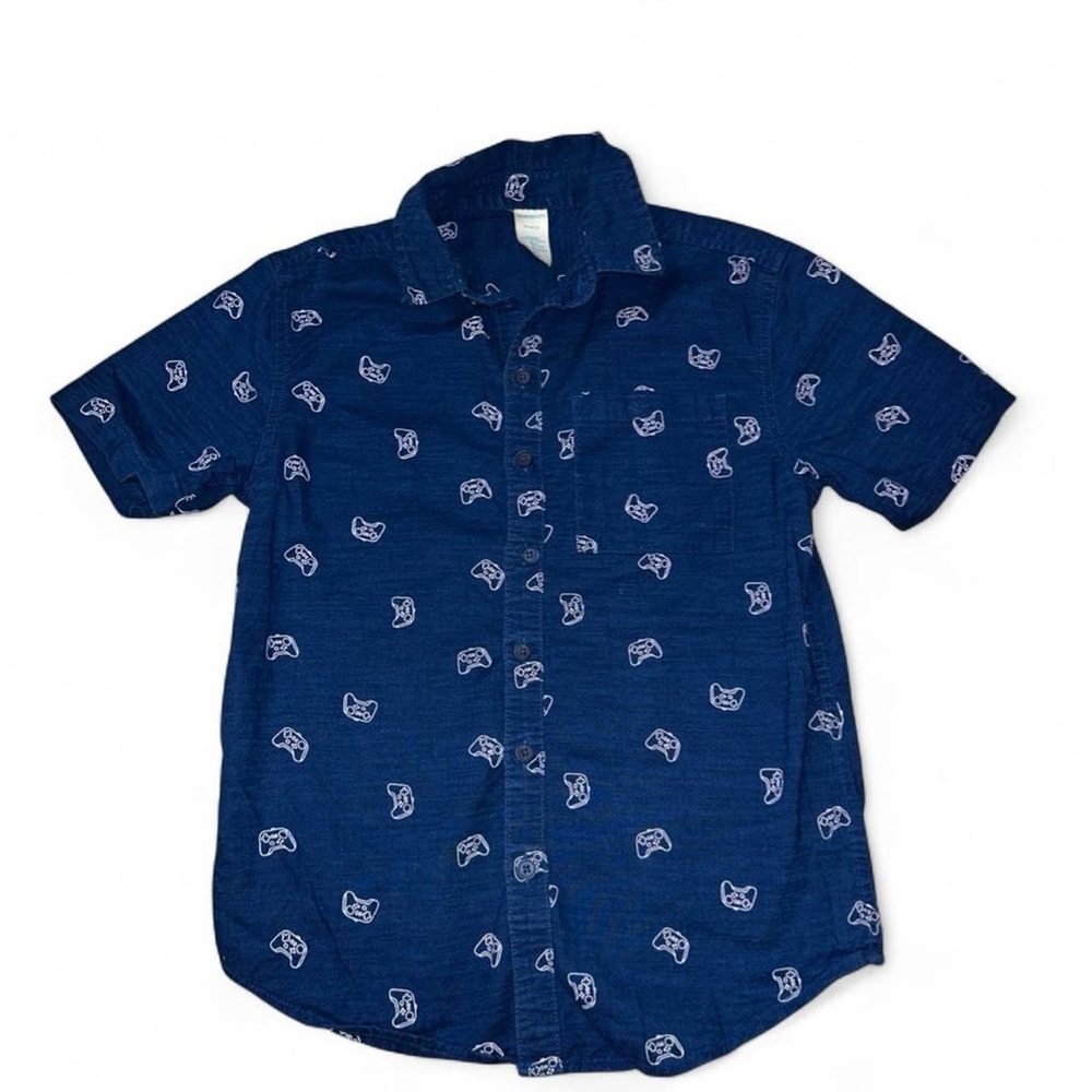 Thereabouts Boy M(10/12) Shirt Blue Button Down Game Controller AOP Retro Casual
